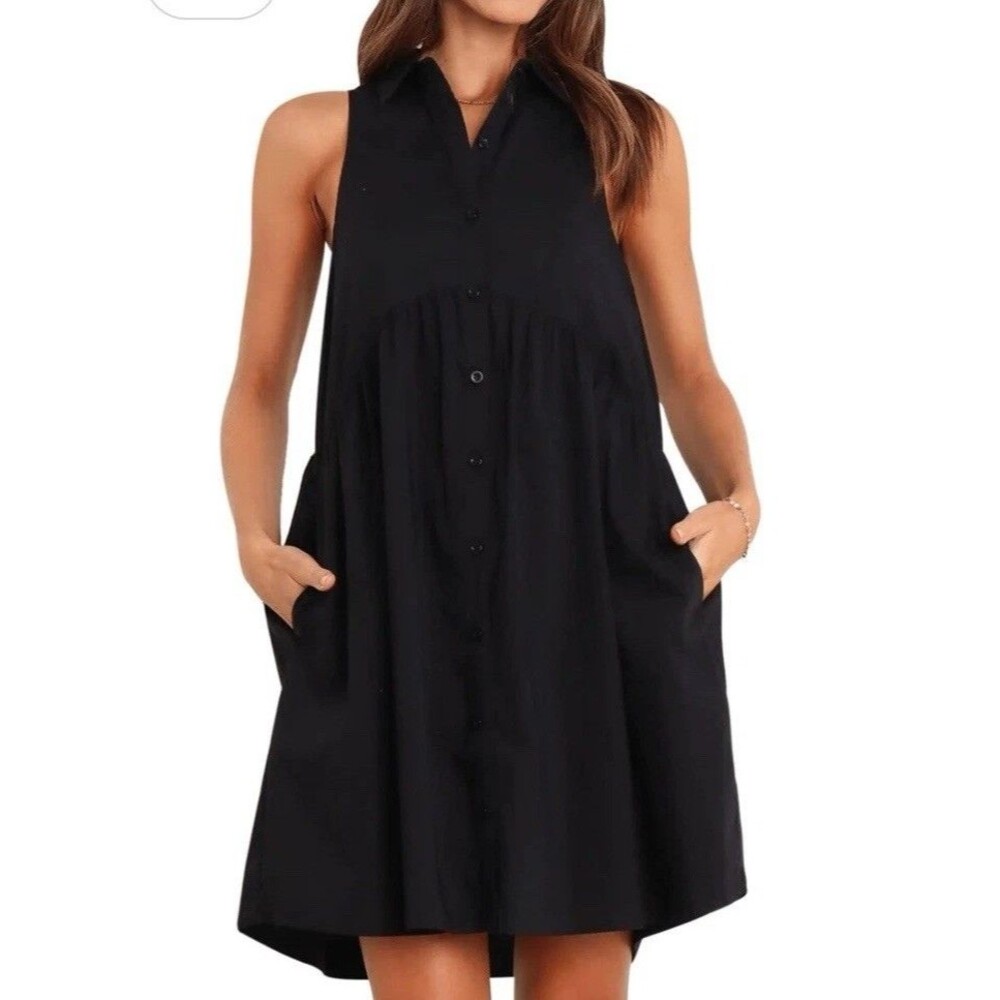 NWT Collared Shirt Dress Sz S Casual Loose Button Down Mini V Neck Tunic Pockets - Picture 5 of 16